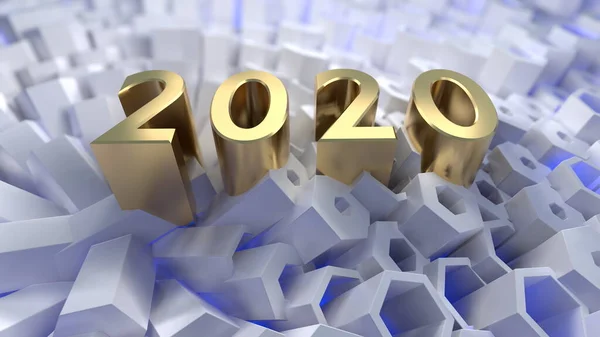 Feliz Ano Novo Banner com 2020 Números de letras feitas por ouro em hexagonal honeycomb estrutura grade moderna. ilustração 3d abstrata — Fotografia de Stock