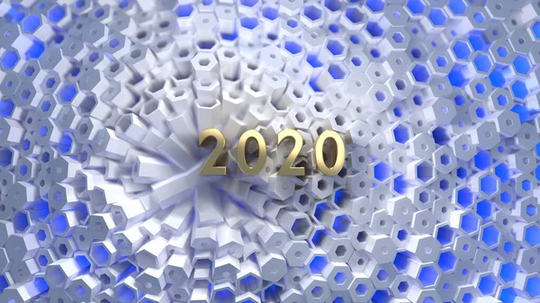 Happy New Year Banner with 2020 Numbers lettering made by Gold on hexagonal honeycomb modern grid structure. abstract 3d illustration