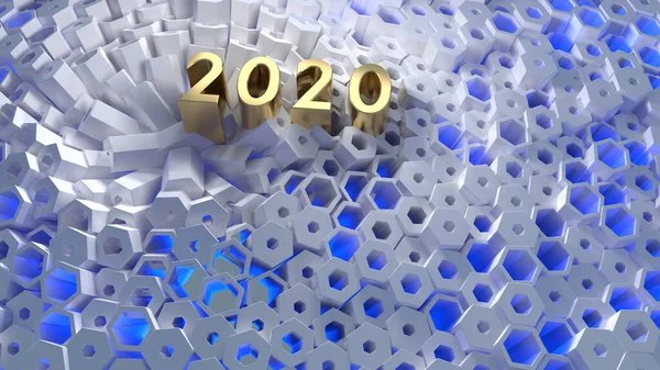 Bonne année bannière avec 2020 Numéros lettrage fait par Gold sur structure de grille moderne en nid d'abeille hexagonale. illustration 3D abstraite — Photo