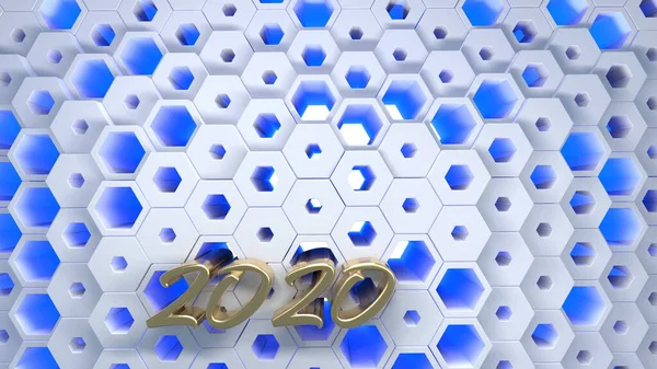 Bonne année bannière avec 2020 Numéros lettrage fait par Gold sur structure de grille moderne en nid d'abeille hexagonale. illustration 3D abstraite — Photo