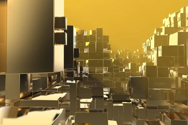 Wealth rich concept idea Golden city at sunset rays Abstract space background.3D illustration rendering