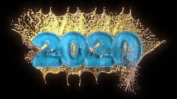 Geluk voor het nieuwe jaar 2020 belettering maakte mijn blauwe keramiek met water spatten. Geïsoleerd op zwarte achtergrond 3d illustratie — Stockfoto