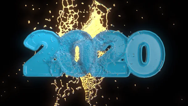 Lycka för nyår 2020 bokstäver gjorde min blå keramik med vattenstänk. Isolerad på svart bakgrund 3D-illustration — Stockfoto