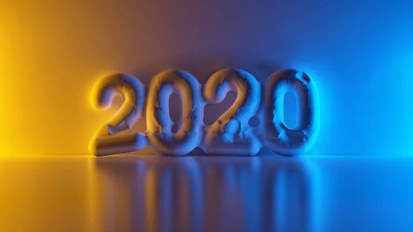 Beyaz çimento ya da alçıtaşının duvardan attığı 2020 yılının mutluluğu. 3d illüstrasyon