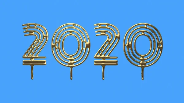 Happiness for the New Year 2020 lettering made by gold cast (англійською). Ізольований на синьому фоні 3d ілюстрація — стокове фото