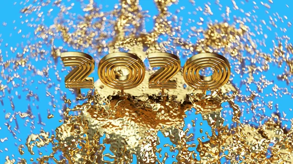 Happiness for the New Year 2020 lettering made by gold cast. Isolated on blue background 3d illustration. Selective focus macro shot with shallow DOF — Stock Photo, Image