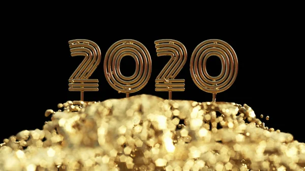 Glück für den in Gold gegossenen Schriftzug für das neue Jahr 2020. isoliert auf schwarzem Hintergrund 3D-Illustration. Selektive Fokus-Makroaufnahme mit flachem Dof — Stockfoto