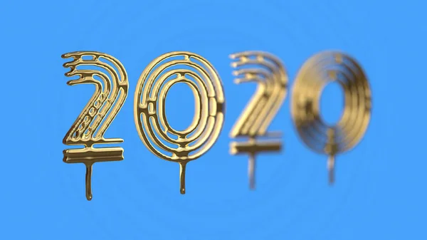 Geluk voor het nieuwe jaar 2020 belettering gemaakt door goud gegoten. Geïsoleerd op blauwe achtergrond 3d illustratie. Selectieve focus macro shot met ondiepe Dof — Stockfoto