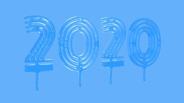 Geluk voor het nieuwe jaar 2020 belettering gemaakt door glas. Geïsoleerd op blauwe achtergrond 3d illustratie — Stockfoto