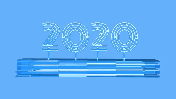 祝您2020年新年快乐！用玻璃写的信。 孤立于蓝色背景的3D图解 — 图库照片