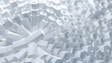 Soyut 3d resimli duvar arkaplanı. Beyaz ve parlak altıgen yapı Sığ Dof ile Seçici odak makro çekim