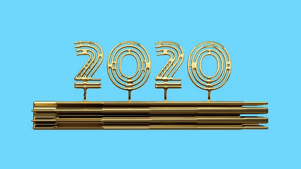 Happiness for the New Year 2020 lettering made by gold cast (англійською). Ізольований на синьому фоні 3d ілюстрація. Макроплан селективного фокусу з дрібним Dof — стокове фото