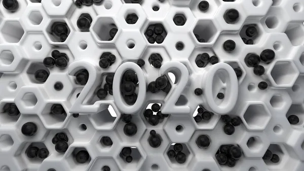 用白色塑料在六角形蜂窝现代网格结构上用黑球写上"2020年数字"字样的新年快乐横幅。 摘要. 3 — 图库照片