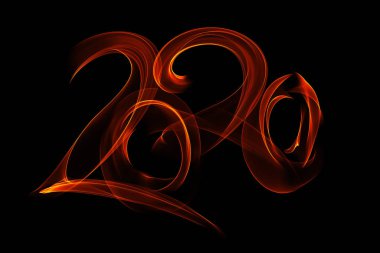Mutlu yıllar 2020 siyah arka plan üzerinde yangın alev veya duman ile yazılmış izole numaraları