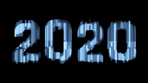 Реалистичное прозрачное стекло 2020 смелые буквы, текст, слово изолированы на черном фоне, Новый год, 3D иллюстрация — стоковое фото
