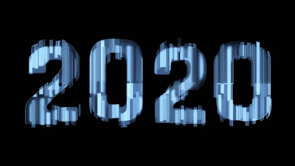 现实透明的玻璃2020粗体字母，文字，单词隔离在黑色背景上，新年，3D插图 — 图库照片