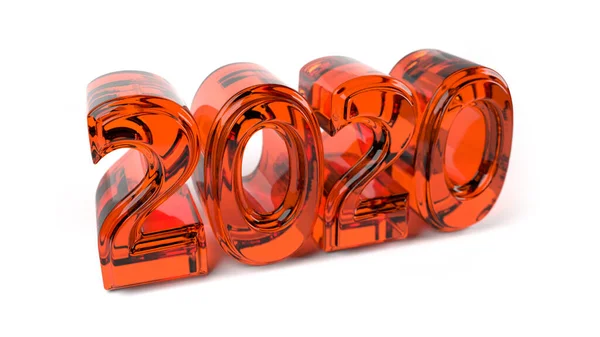 Realistisches transparentes rotes Glas, Eis 2020 fette Buchstaben, Text, Wort isoliert auf weißem Hintergrund, Neujahr, 3D-Illustration — Stockfoto