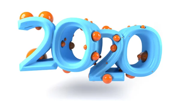 Figure 2020 made of bright blue plastic with orange balls inside. solated on white background. Christmas and New Year mood design. 3d illustration — Stock Photo, Image