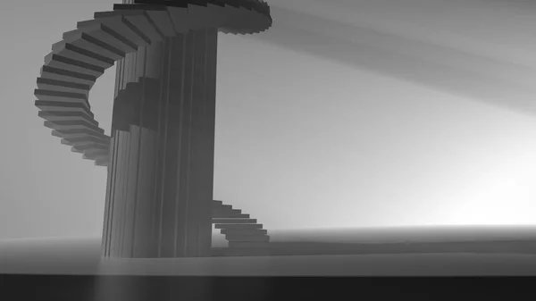 Escalera de caracol alta en un espacio abstracto iluminado con partículas voluminosas de luz brillante. vista lateral 3d ilustración. Concepto de Éxito Escalar y Encontrarse a Sí Mismo — Foto de Stock