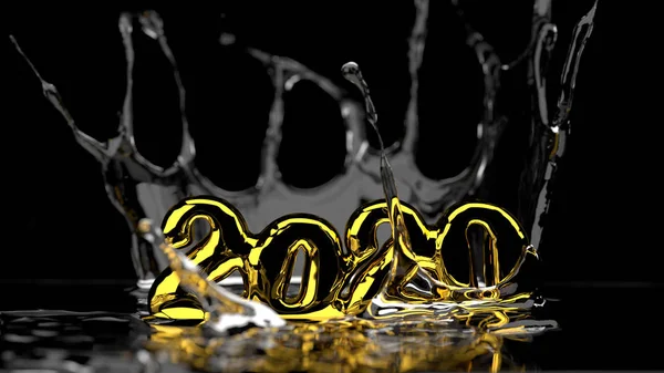 Gelukkig Nieuwjaar 2020 belettering gemaakt door goud en water spetteren eromheen. Geïsoleerd op zwarte achtergrond. 3d illustratie. Selectieve focus macro shot met ondiepe DOF — Stockfoto