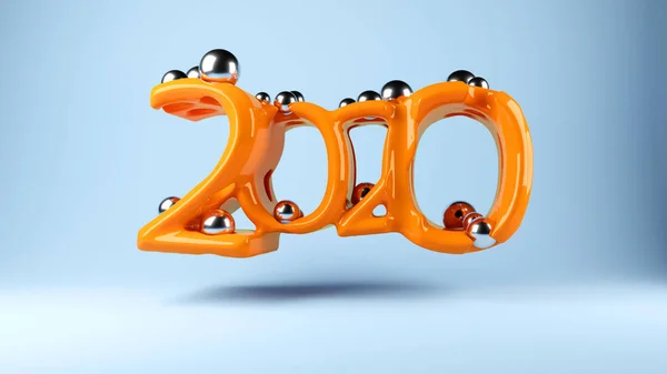 Figura 2020 feito de plástico laranja brilhante com bolas de cromo redondas para dentro. Composição geral sobre estúdio azul iluminado fundo. Natal e design de humor de Ano Novo. ilustração 3d — Fotografia de Stock