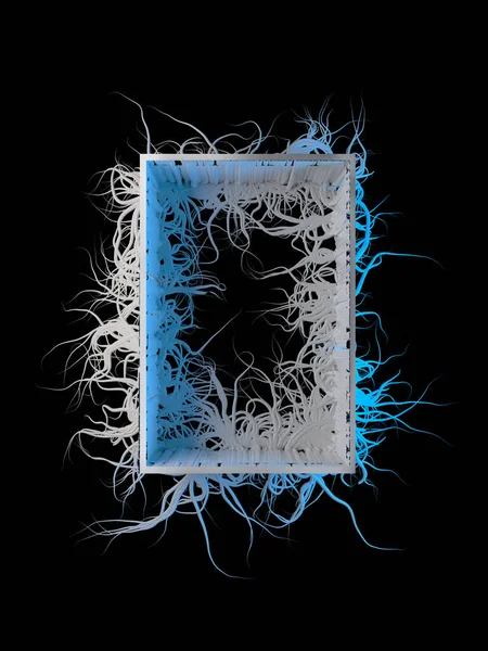 Dokunaçlar ve çivilerle dolu soyut ve yırtıcı beyaz bir çerçeve. Siyah arka planda 3 boyutlu bir resimde izole et. Tasarımınız veya metniniz için kopyalanma alanı