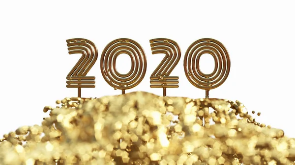 Happiness for the New Year 2020 lettering made by gold cast (англійською). Ізольований на синьому фоні 3d ілюстрація. Макроплан селективного фокусу з дрібним Dof — стокове фото