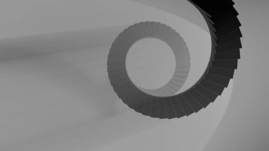 Soyut bir alandaki yüksek sarmal merdiven parlak voluminik parçacıklarla aydınlatılmış. 3D görüntüye bak. Başarı Konsepti Tırmanma ve Kendini Bulma