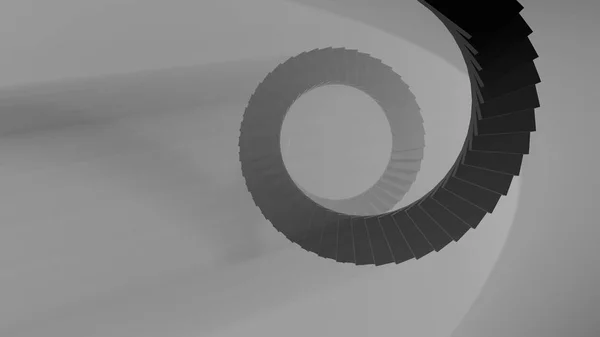 Escalera de caracol alta en un espacio abstracto iluminado con partículas voluminosas de luz brillante. mirar hacia arriba ver ilustración 3d. Concepto de Éxito Escalar y Encontrarse a Sí Mismo — Foto de Stock