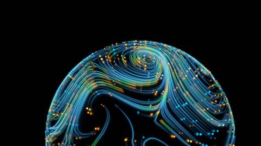 Gezegenin yüzeyinde parlayan neon çarpık kozmik çizgiler. Güzel girdaplar, parlak türbülans kıvrımları küreye yansıyor. Akışkan ve pürüzsüz astronomi girdabı yapısı. 3d özet oluşturma