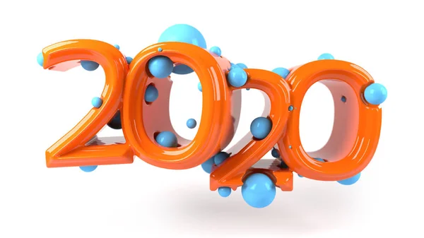 Figur 2020 tillverkad av ljus orange plast med blå bollar inuti. solerad på vit bakgrund. Jul och nyårskänsla design. 3D-illustration — Stockfoto