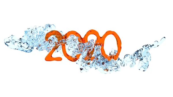 Numeri 2020 fatti di jucie arancione o rosso, ghiaccio o vetro e gli spruzzi d'acqua dolce blu lo circondano nell'illustrazione 3D — Foto Stock