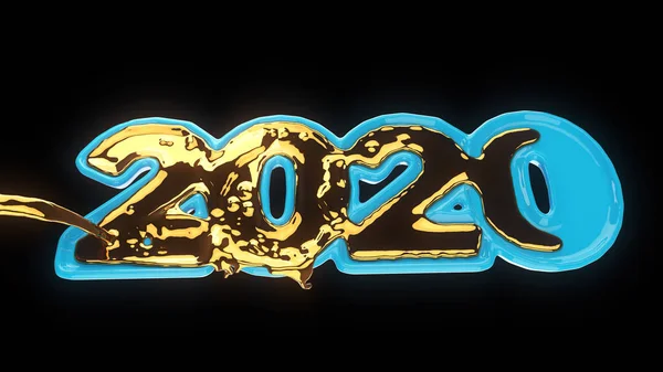 Happiness for the New Year 2020 lettering made by blue ceramic which is filled with liquid gold. Isolated on black background 3d illustration. Selective focus macro shot with shallow DOF — Stock Photo, Image