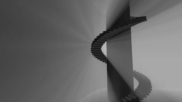 Escalera de caracol alta en un espacio abstracto iluminado con partículas voluminosas de luz brillante. vista lateral 3d ilustración. Concepto de Éxito Escalar y Encontrarse a Sí Mismo — Foto de Stock