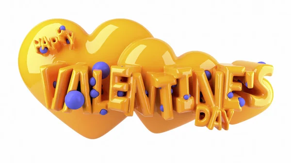 Feliz día de San Valentín letteing con tres corazones detrás en lava exuberante popular y colores azules fantasmas hechos de plástico o metal pintado. Ilustración 3d aislada en blanco — Foto de Stock