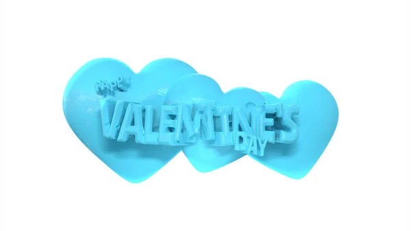 Happy Valentines Day lettering with three hearts behind in blue color made of caramel. 3d illustration isolated on white — Stock Photo, Image