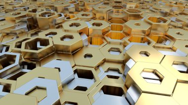 Soyut 3d resimli duvar arkaplanı. Beyaz gümüş ve altın sarısı altıgen yapı