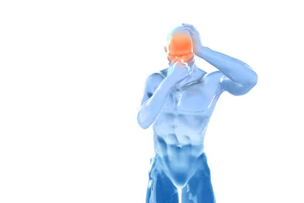 Hombre enfermo con dolor, dolor de cabeza, migraña, estrés, insomnio, resaca en la mano sosteniendo la cabeza en 3D ilustración vista frontal aislado sobre fondo blanco — Foto de Stock