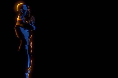 Ağaçta yoga egzersizi yapan 3D adam siyah arka planda izole edilmiş poz veriyor.