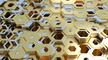 Soyut 3d resimli duvar arkaplanı. Beyaz gümüş ve altın sarısı altıgen yapı Sığ Dof ile seçici odak makro çekim