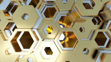 Soyut 3d resimli duvar arkaplanı. Beyaz gümüş ve altın sarısı altıgen yapı