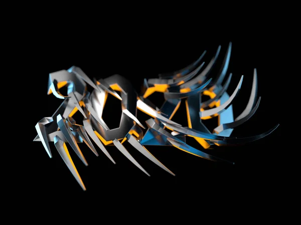 Happiness for the New Year 2020 lettering made by metal cast and lit by blue and orange light. The surface is covered with sharp spikes Isolated on black background 3d illustration Selective focus