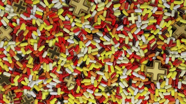 Heap of medicine tablets. Background made from pills or capsules in different colors with medical sign in shape of cross made by gold. 3d illustration — Stock Photo, Image