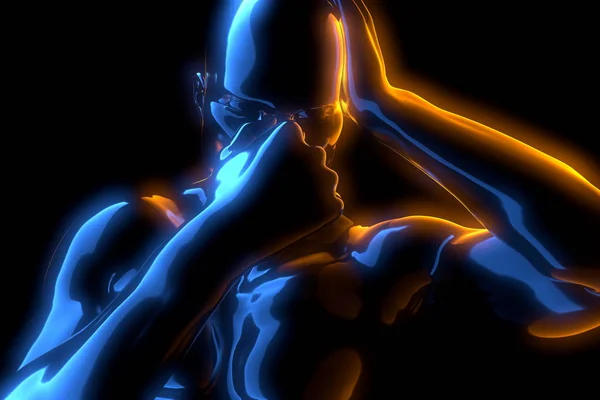 Άρρωστος άνθρωπος με πόνο, κεφαλαλγία, ημικρανία, άγχος, αϋπνία, hangover στο χέρι κρατώντας το κεφάλι σε 3D απεικόνιση μπροστινή όψη απομονώνονται σε μαύρο φόντο. Κοντινό πλάνο — Φωτογραφία Αρχείου