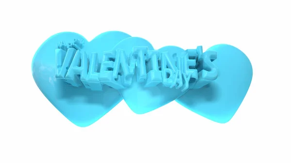 Joyeux lettrage Saint-Valentin avec trois cœurs derrière en couleur bleue en caramel. Illustration 3D isolée sur blanc — Photo