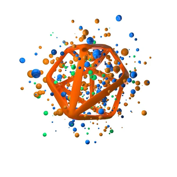Illustration 3D de primitives réalistes en vol. Formes sphériques en mouvement isolées sur fond blanc oround structure moléculaire filaire polygonale. Thème abstrait pour vos designs tendance en bleu — Photo