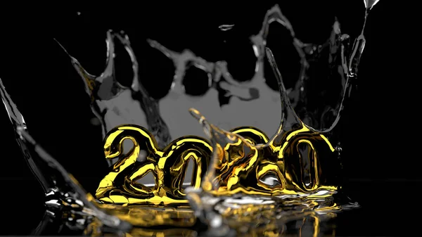 Feliz Ano Novo 2020 letras feitas por ouro e água respingo em torno dele. Isolado em fundo preto. Ilustração 3d. tiro macro foco seletivo com DOF rasa — Fotografia de Stock