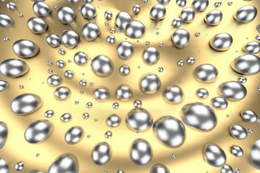 Gümüş veya Beyaz Altın Platin küreler metal sarı dalga arka plan üzerinde. 3D çizim modelleme. servet zengin araştırma bitcoin kavramı. İş Finans başarı clipart büyüyen para