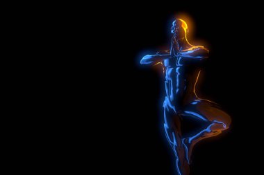 Ağaçta yoga egzersizi yapan 3D adam siyah arka planda izole edilmiş poz veriyor.