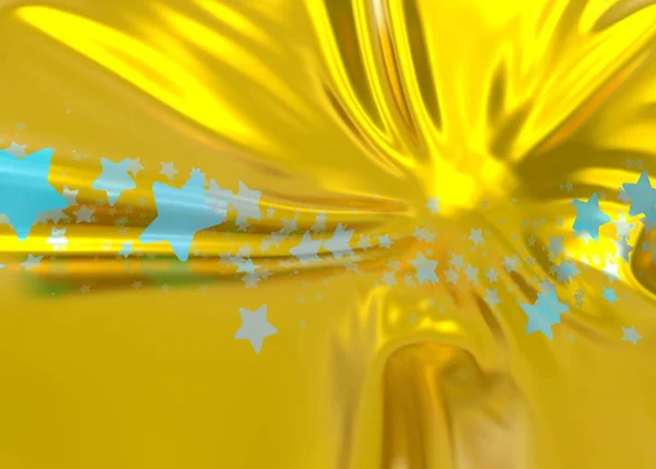 Paño de seda de lujo abstracto y brillante en forma de onda líquida con pliegues. Fondo de material satinado o terciopelo en color amarillo con estampado lleno de estrellas azules. ilustración 3d —  Fotos de Stock